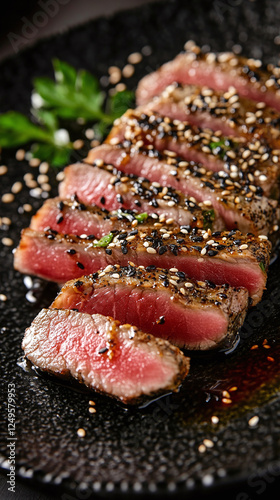Seared tuna steak encrusted with black and white sesame seeds, sliced to reveal perfect pink center, served with soy-ginger glaze on textured black ceramic plate.