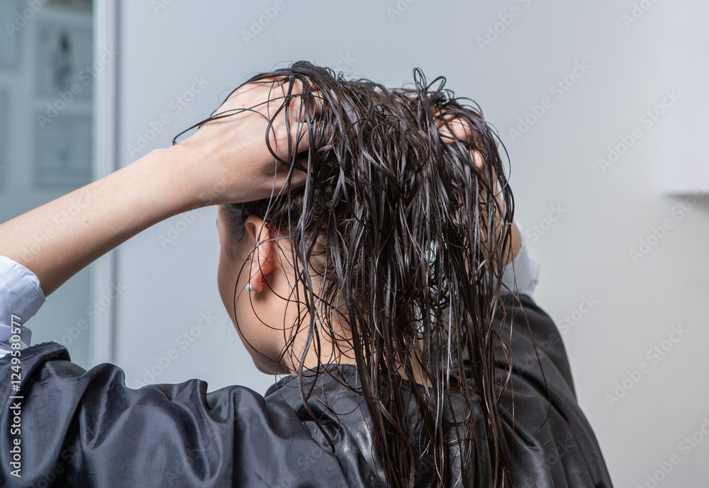 Beautiful young woman with long brown hair in a beauty salon. Beautiful young woman with long brown hair in a beauty salon.