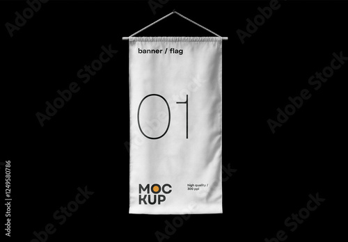 Vertical Hanging Banner, Flag Mockup with Black Background – High-Quality PSD Template for Outdoor Advertising and Branding