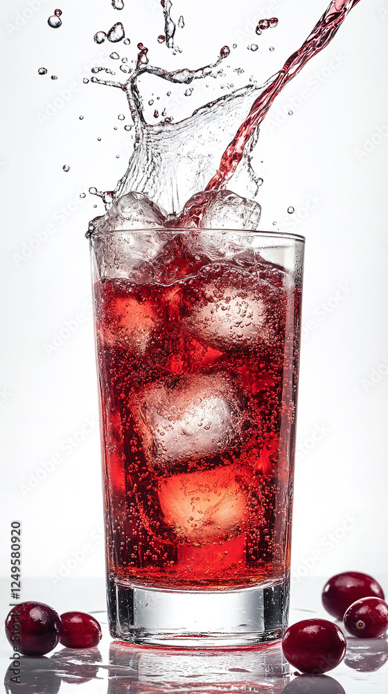 Splash of cranberry juice being poured into tall glass of vodka soda. Splash of cranberry juice being poured into tall glass of vodka soda.