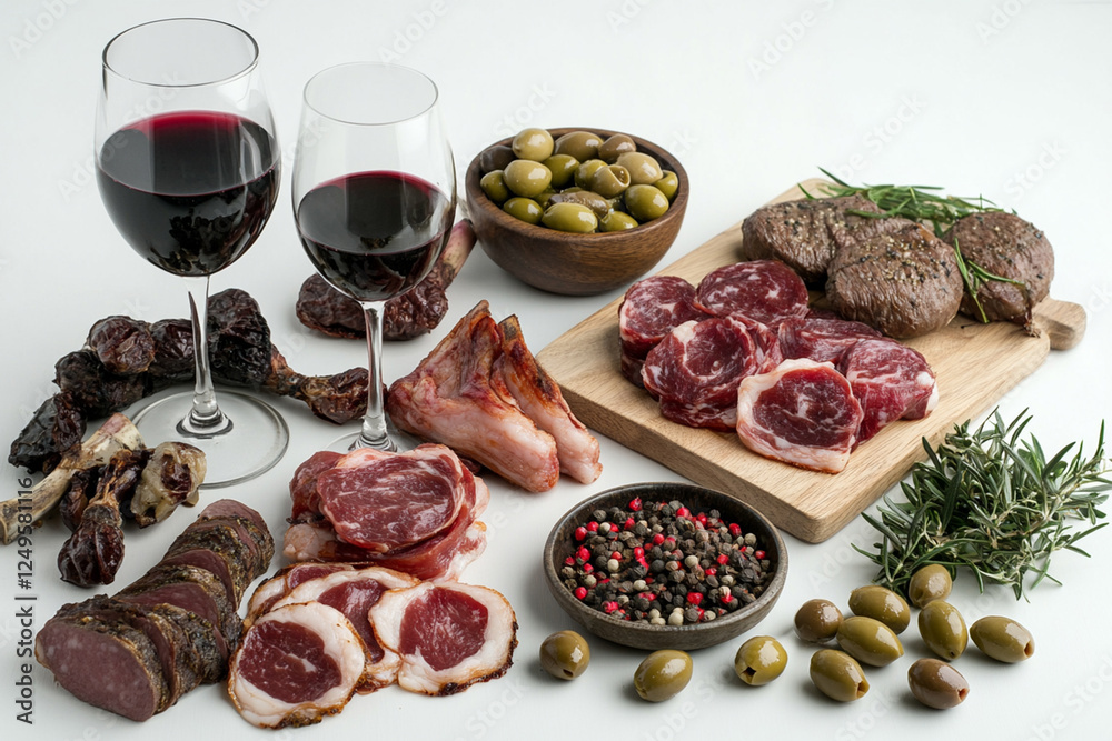 Assorted meat delicacies with wine and olives on a white background Assorted meat delicacies with wine and olives on a white background