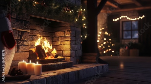 Warm fireplace with flickering flames and holiday decorations in a cozy cabin setting during winter evenings