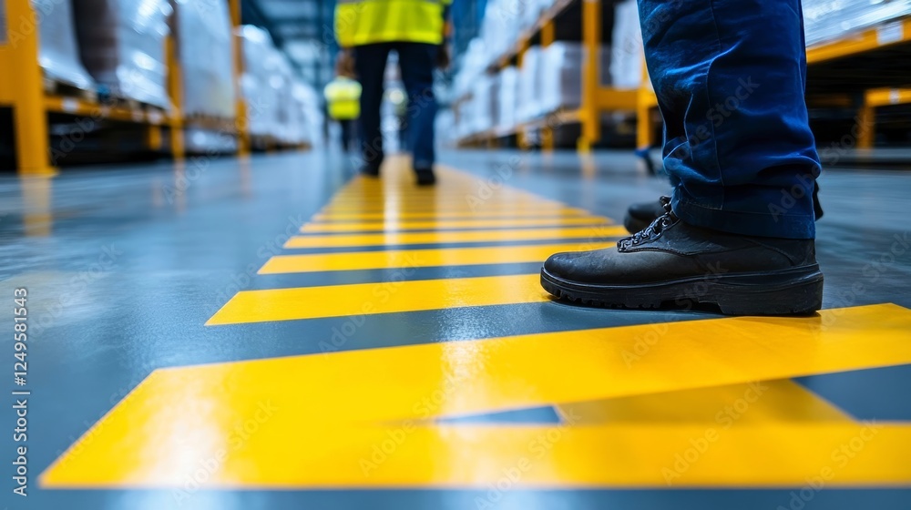 Obraz premium Workers in safety gear walking in a warehouse with marked pathways during daylight hours