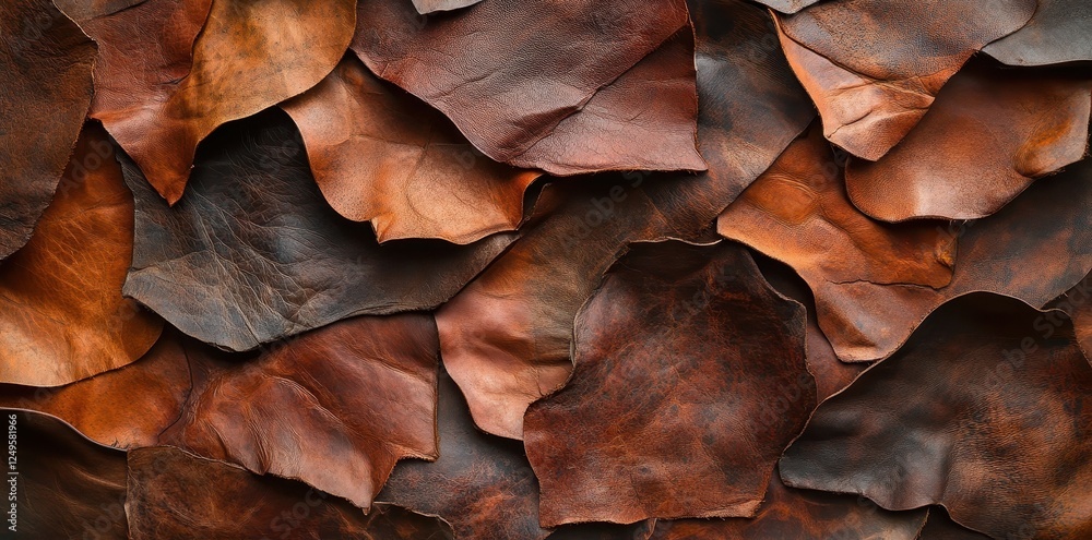 Various shaped brown leather scraps are arranged closely together Various shaped brown leather scraps are arranged closely together