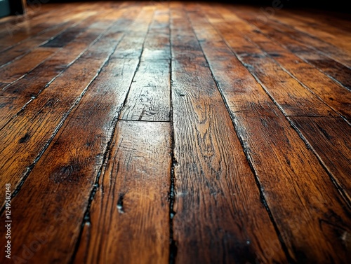 Aged wooden floor, long planks, textured, cracks, dark brown to light brown