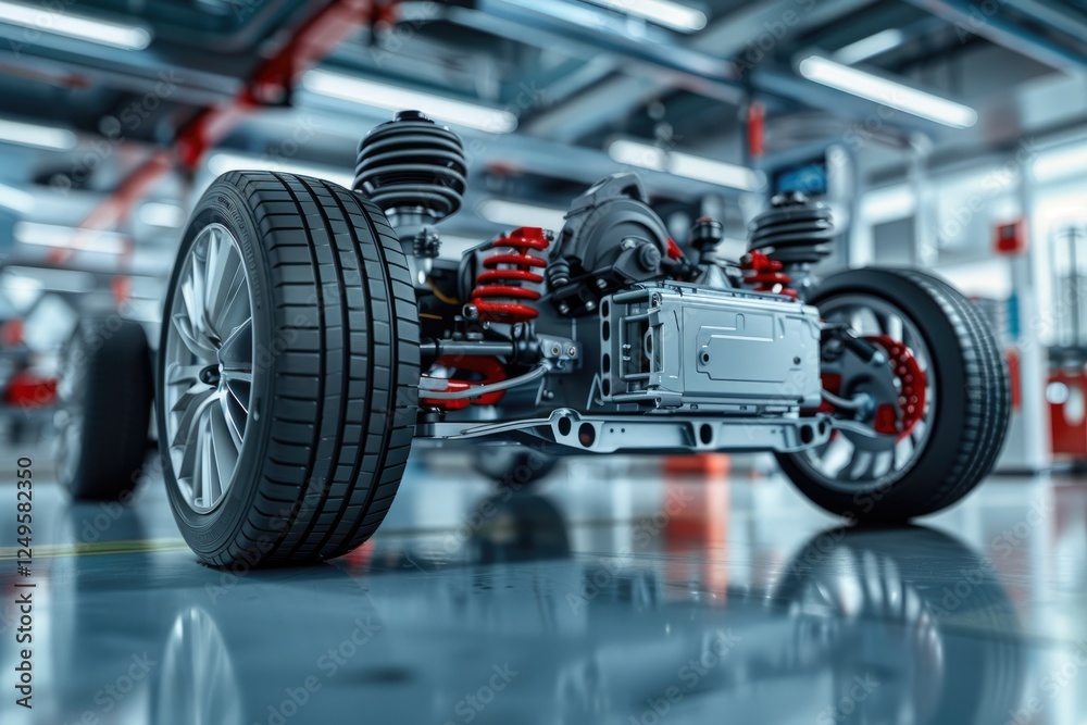 Detailed cutaway of an electric vehicle's chassis, showcasing its suspension and battery system in a factory setting. Detailed cutaway of an electric vehicle's chassis, showcasing its suspension and battery system in a factory setting.