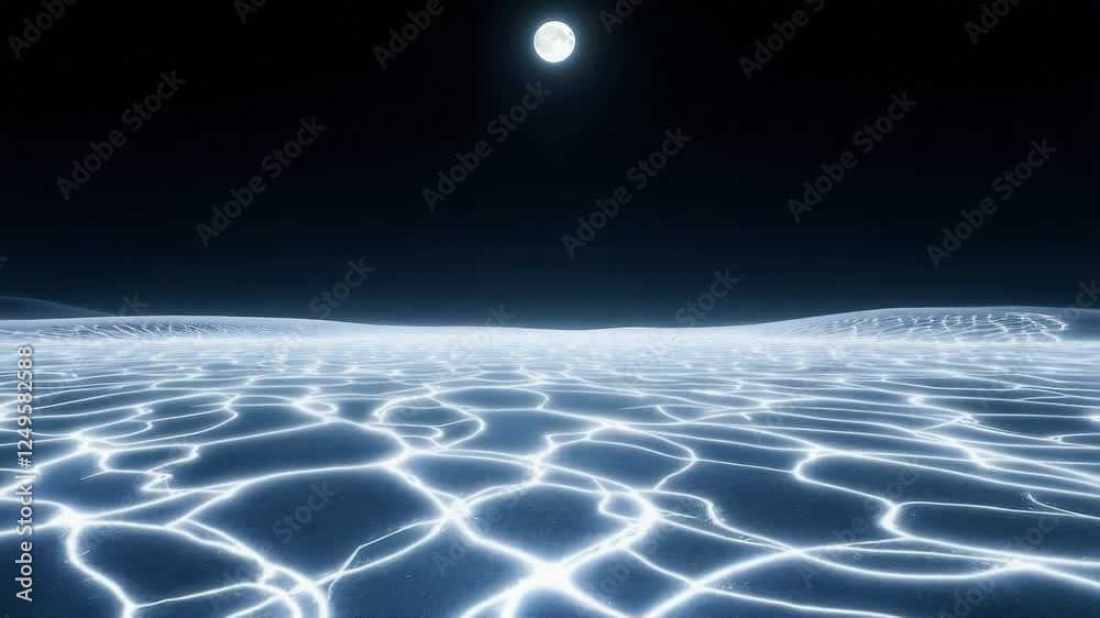 A tranquil landscape features a luminous surface illuminated by the moon. The intricate patterns become visible under the gentle light, creating a peaceful atmosphere