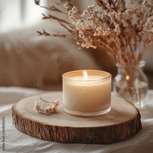 Cozy candle on wooden slice, dried flowers, home decor photo