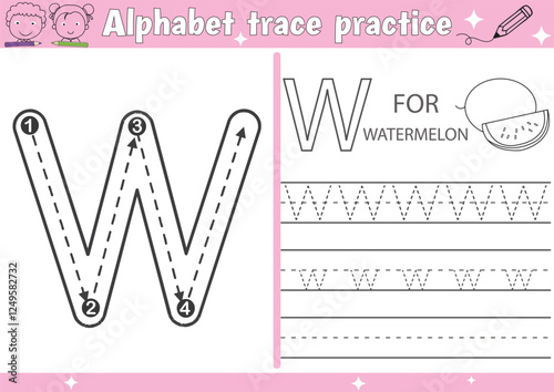W alphabet tracing activity page and Handwriting letters practice page with outline vector illustration for Pre-school Kids