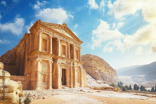 Elaborate temple facade carved into rock face under bright sky photo