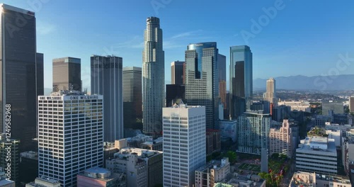 Los Angeles skyline with towering skyscrapers. Panoramic view of Los Angeles. Los Angeles with skyscrapers. American city of Los Angeles. LA from above.