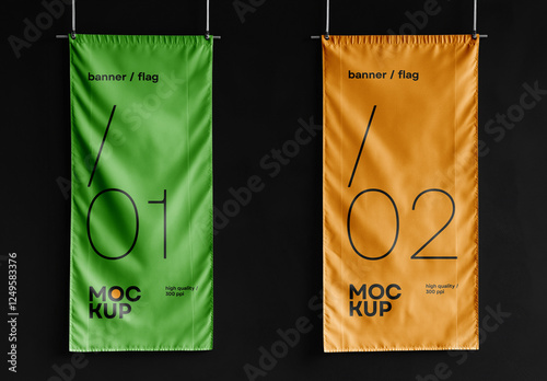 Vertical Hanging Banner, Flag Mockup with Black Background – High-Quality PSD Template for Outdoor Advertising and Branding
