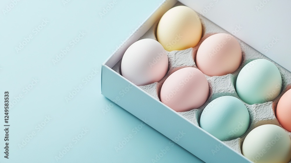 Fototapeta premium Pastel-colored egg box on light blue background with space