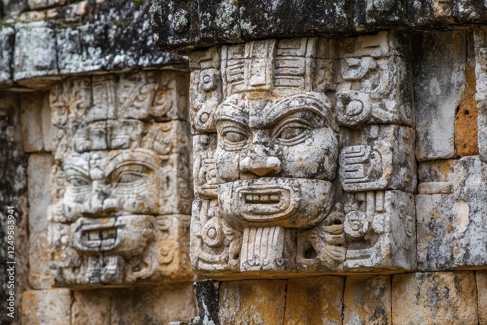 Two ancient stone carvings of faces on a building wall Two ancient stone carvings of faces on a building wall