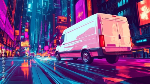A white van is driving down a city street at night. The neon lights of the city create a vibrant and energetic atmosphere