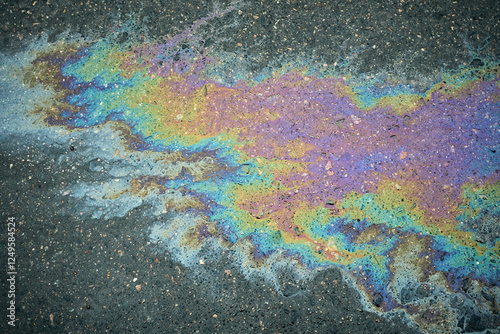 Bright oil slick creates iridescent patterns on asphalt after a rainstorm