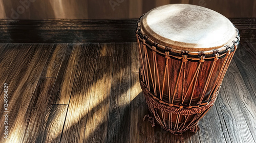 Intricate wooden drum sits on polished floor catching golden light in a cozy room photo