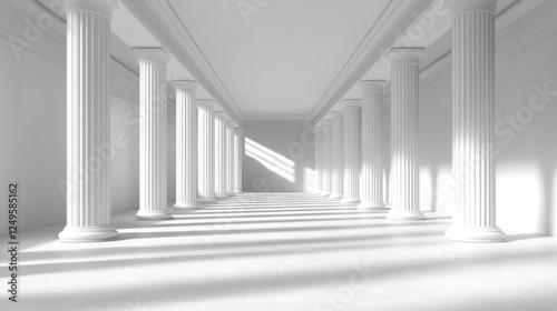 White Columns Corridor; Sunlight; Empty Hall; Architectural Interior; Stock Photo photo