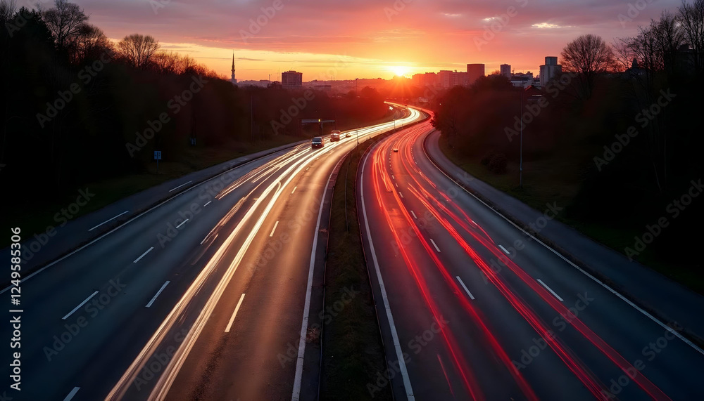 busy rush hour carriageway at sunset with dynamic traffic motion.