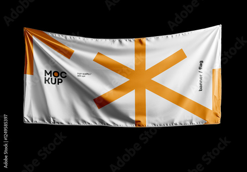 Horizontal Hanging Banner, Flag Mockup with Black Background – High-Quality PSD Template for Outdoor Advertising and Branding