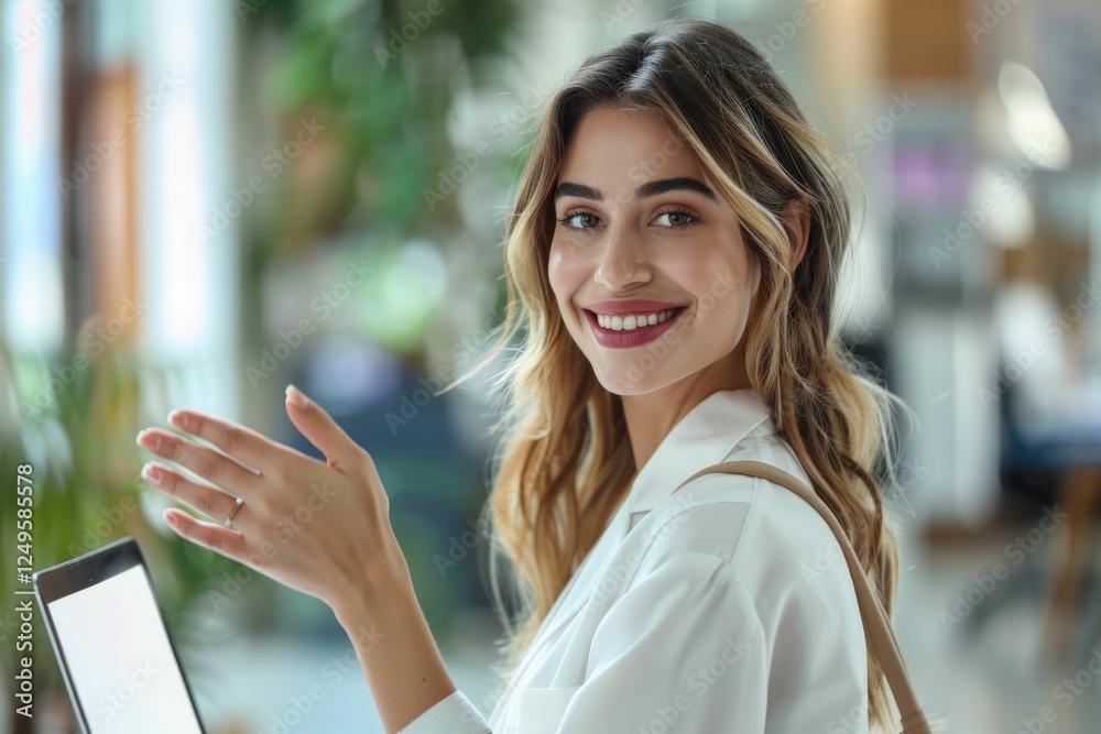 A smiling woman gestures invitingly, holding a tablet with a blank screen, in a modern office setting. A smiling woman gestures invitingly, holding a tablet with a blank screen, in a modern office setting.