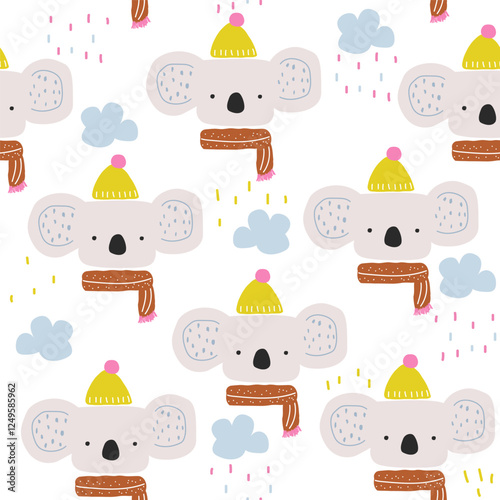 Funny cartoon koala and clouds seamless pattern. Childish simple print. Vector hand drawn illustration. photo