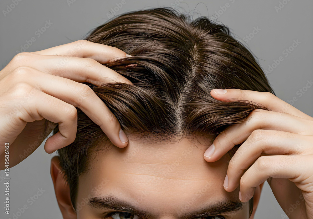 Fototapeta premium Close-Up of a Man Checking His Scalp for Hair Loss, Dandruff, or Scalp Issues – Hair Care Concept