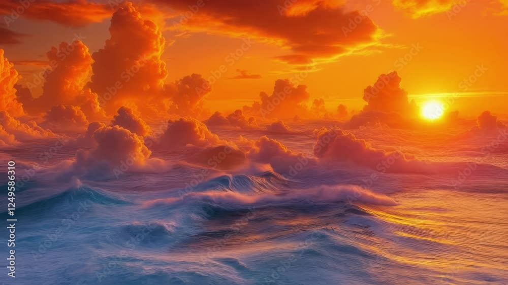 Witness a breathtaking sunset casting warm hues across the ocean, where vibrant clouds drift above tranquil waves, creating a serene and picturesque atmosphere