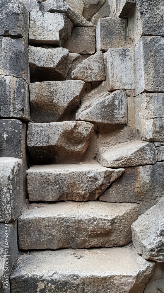 Rough stone steps are built into a rock wall Rough stone steps are built into a rock wall