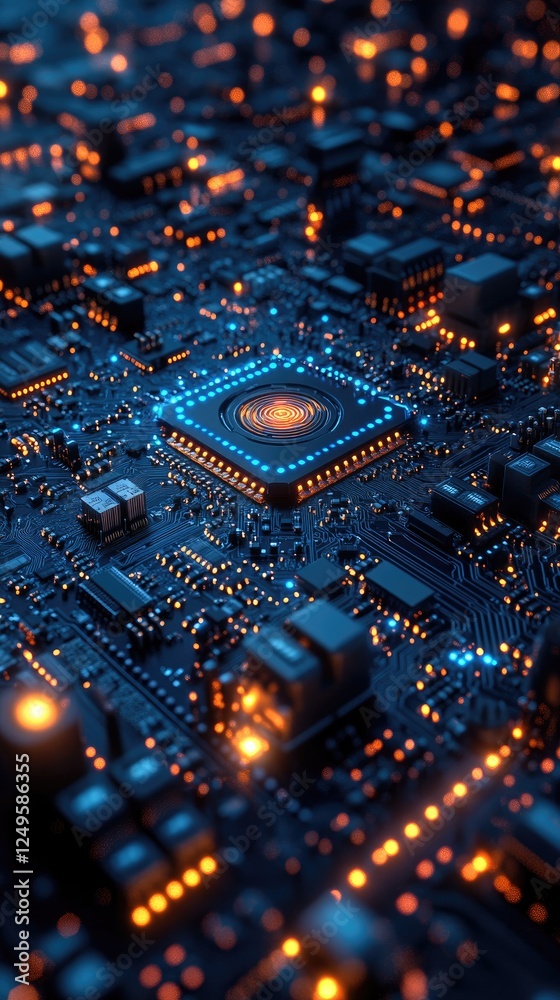 Fototapeta premium Exploring Circuit Board's Intricate Design: A Microscopic View of Technology's Inner Workings