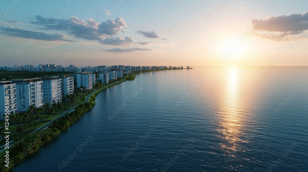 Fototapeta premium A serene sunset over a tranquil waterfront, showcasing modern buildings along the shore, reflecting warm hues on calm water.