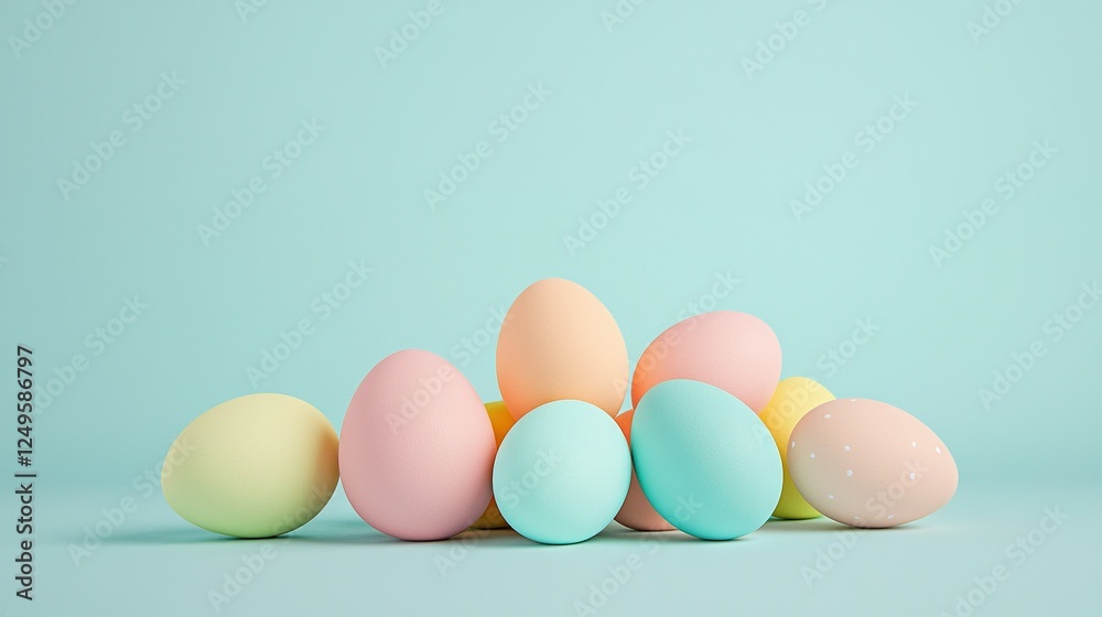A collection of eggs arranged on a blue-green background with soft hues A collection of eggs arranged on a blue-green background with soft hues