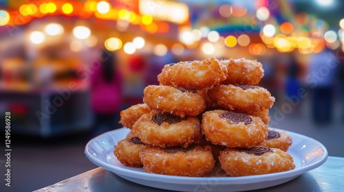 Carnival setting with deepfried banana Oreos on white plate