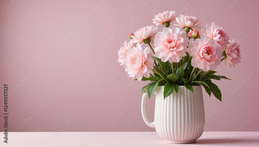 Pastel pink carnations in vase on decorated table, Mother's Day celebration Pastel pink carnations in vase on decorated table, Mother's Day celebration