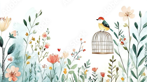   A stunning depiction of a bird perched atop its cage amidst an enchanting garden of blooming flora and lush foliage
