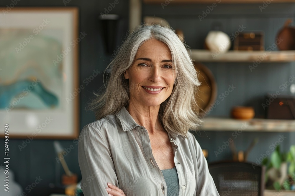 Fototapeta premium Confident mature woman with gray hair smiles, arms crossed, in a stylish home setting.