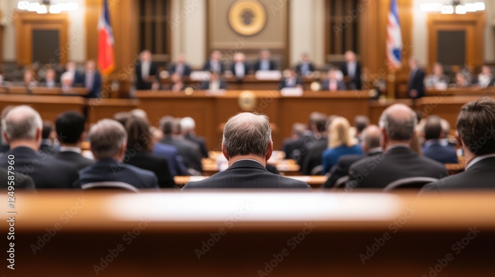 A formal legislative assembly in session, with attendees focused on discussions, showcasing a serious atmosphere of governance and decision-making.