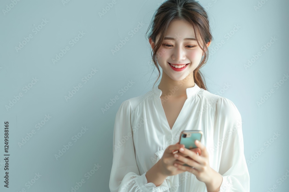 A young woman with a happy expression uses her smartphone against a light-blue background. A young woman with a happy expression uses her smartphone against a light-blue background.