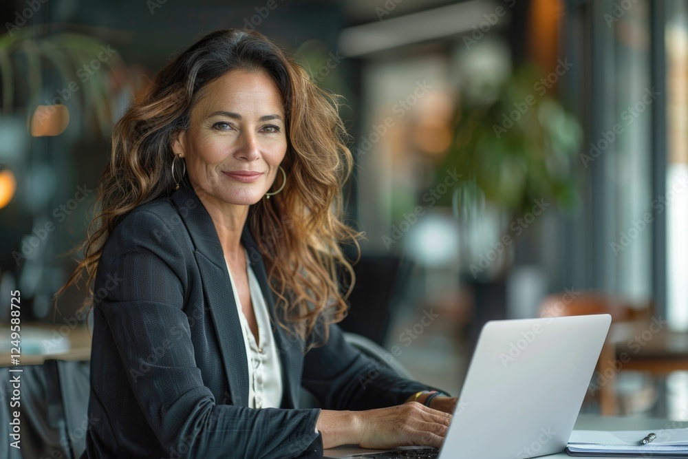 Confident businesswoman working on laptop in modern cafe, showcasing success and professionalism. Confident businesswoman working on laptop in modern cafe, showcasing success and professionalism.