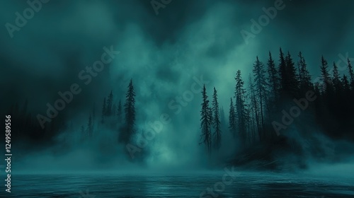 Fototapeta Naklejka Na Ścianę i Meble -  Misty forest lake at night; spooky scene for horror