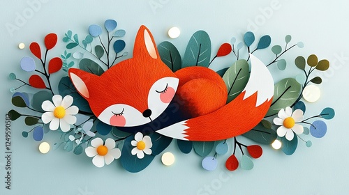   Red Fox Sleeping on Flowery Branch - Paper Cutout on Light Blue Background