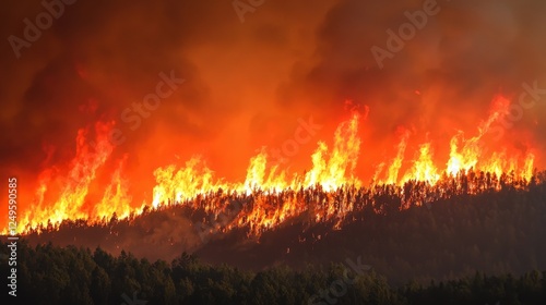 A vivid scene of a wildfire engulfing a forest, with flames and smoke dominating the landscape under a dark, ominous sky. photo