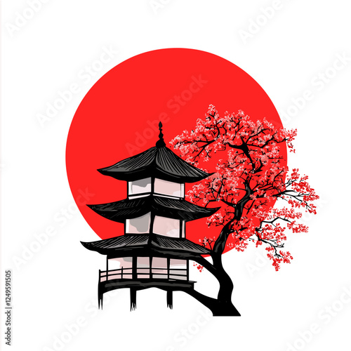 apanese pagoda with cherry blossoms and red sun background.