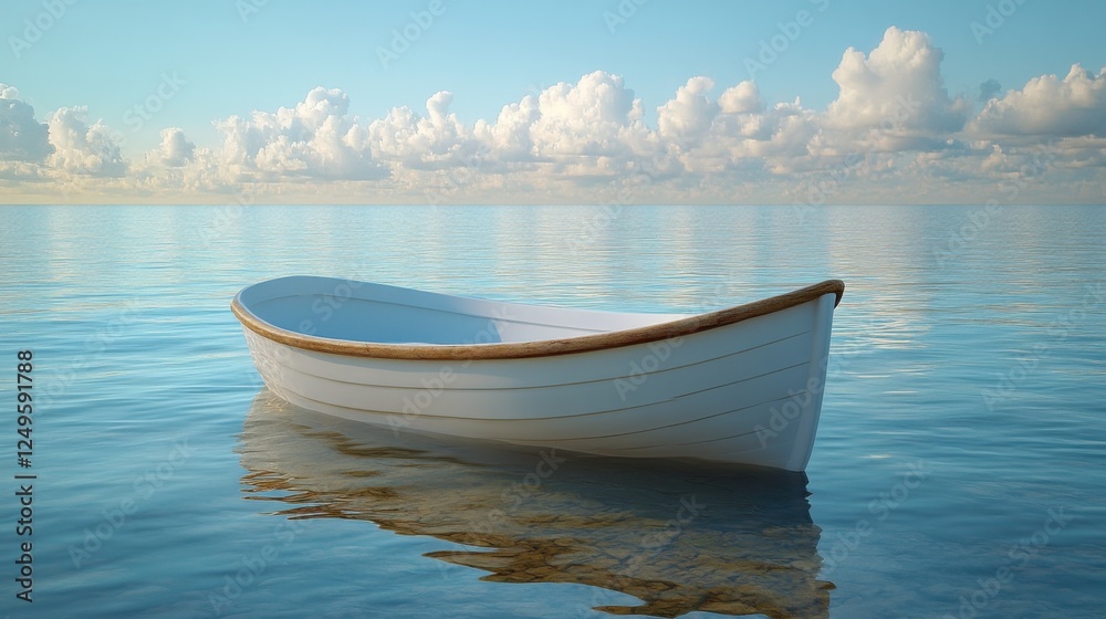 Naklejka premium Serene white boat floating on calm blue water under a clear sky with fluffy clouds