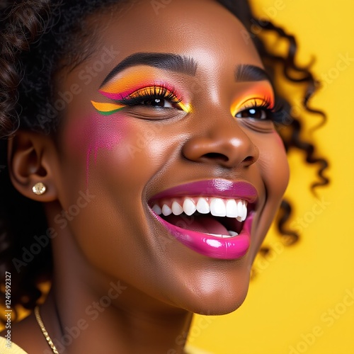 Close-up portrait, laughing, young African American woman, fashionable makeup, colorful, yellow background