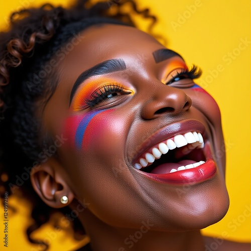 Laughing African American woman, close-up, colorful makeup, yellow background, joyful, expressive eyes, chic