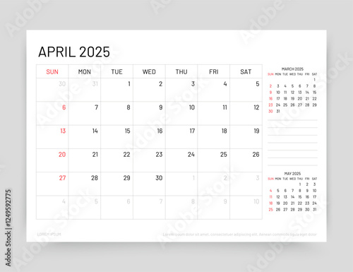 April 2025 year calendar. Planner calender layout. Desk monthly organizer. Week starts Sunday. Timetable template. Table schedule grid. Corporate diary. Vector simple illustration. Paper size A5