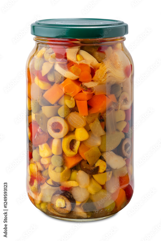 Pickled vegetable mix for seasoning rice and pasta salad in glass jar isolated Pickled vegetable mix for seasoning rice and pasta salad in glass jar isolated