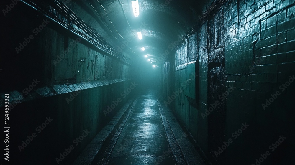 A dimly lit, eerie hallway with fog and glowing lights, creating an atmosphere of mystery and suspense. A dimly lit, eerie hallway with fog and glowing lights, creating an atmosphere of mystery and suspense.