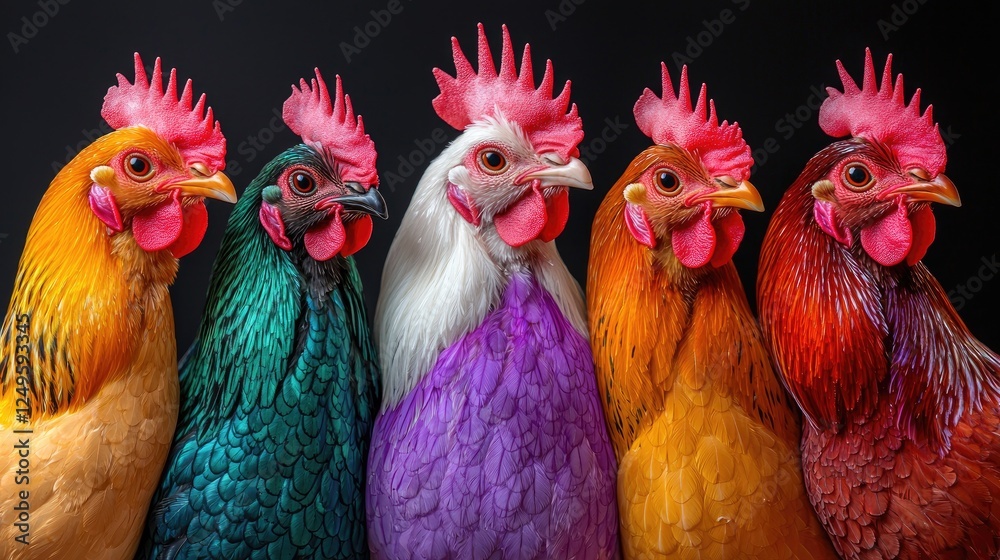Fototapeta premium A vibrant display of colorful chickens showcasing various feather patterns.